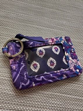 Vera Bradley Purple Floral Quilted ID Card Holder with Key Ring